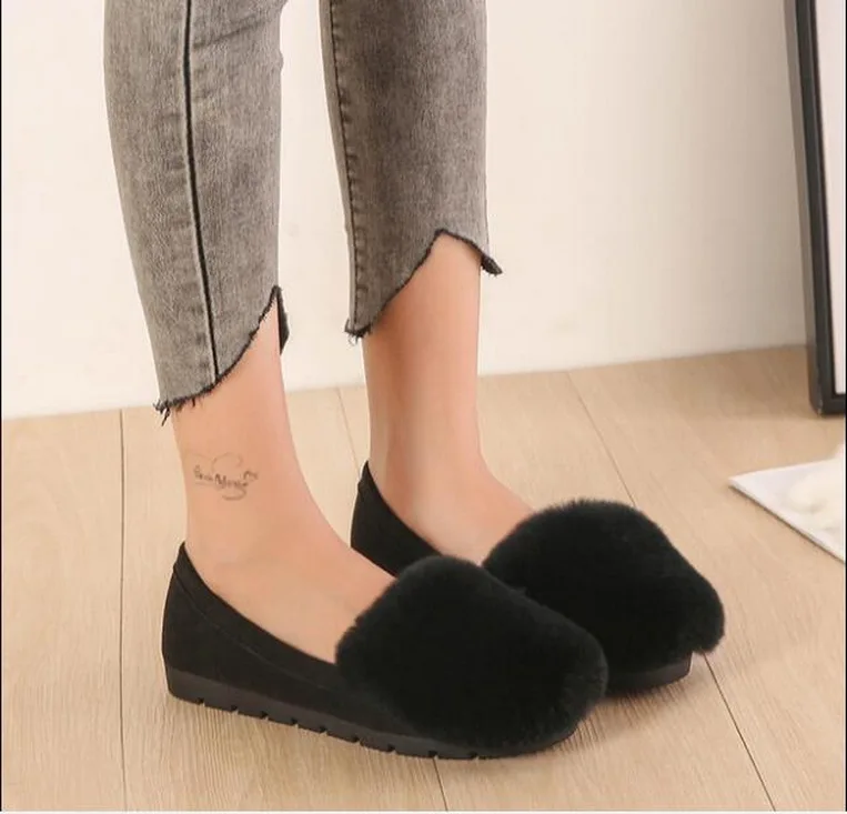 Large Size 33~43 Fur Loafers Women Winter Plush Flats Women Warm Shoes Slip On Lady Moccasins Womens Comfortable Cotton Shoes