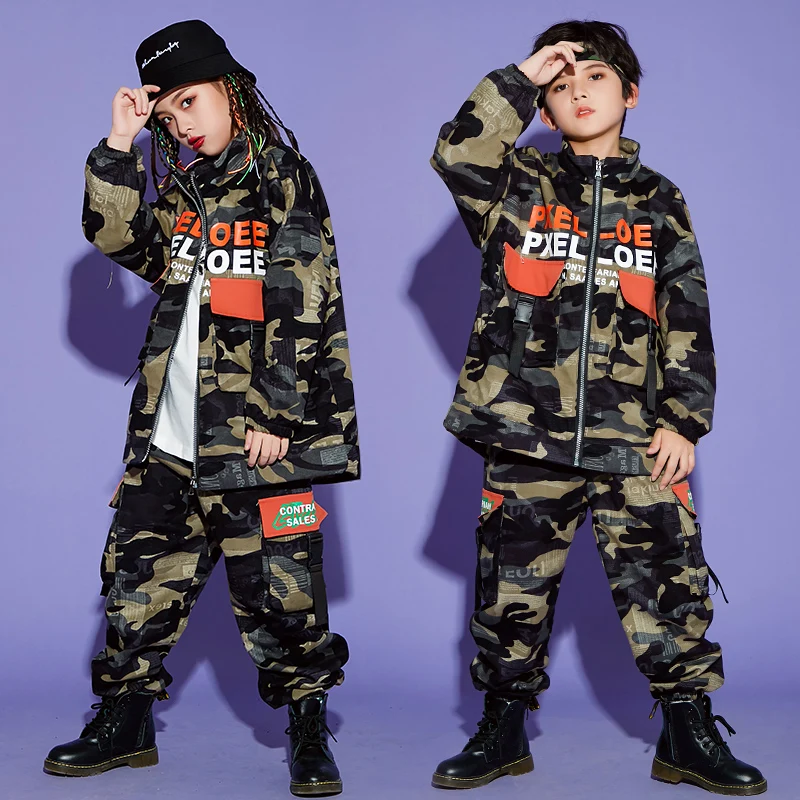 

Kids Hip Hop Camouflage Clothes Modern Jazz Street Dance Performance Suit Child Long Sleeve Jacket Catwalk Show Costumes DWY4975