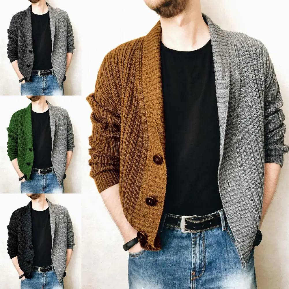 

Classic Knitted Long Sleeve Sweater Coat Autumn Winter Single-breasted Color Stitching Cardigan Sweater Outerwear for Holiday