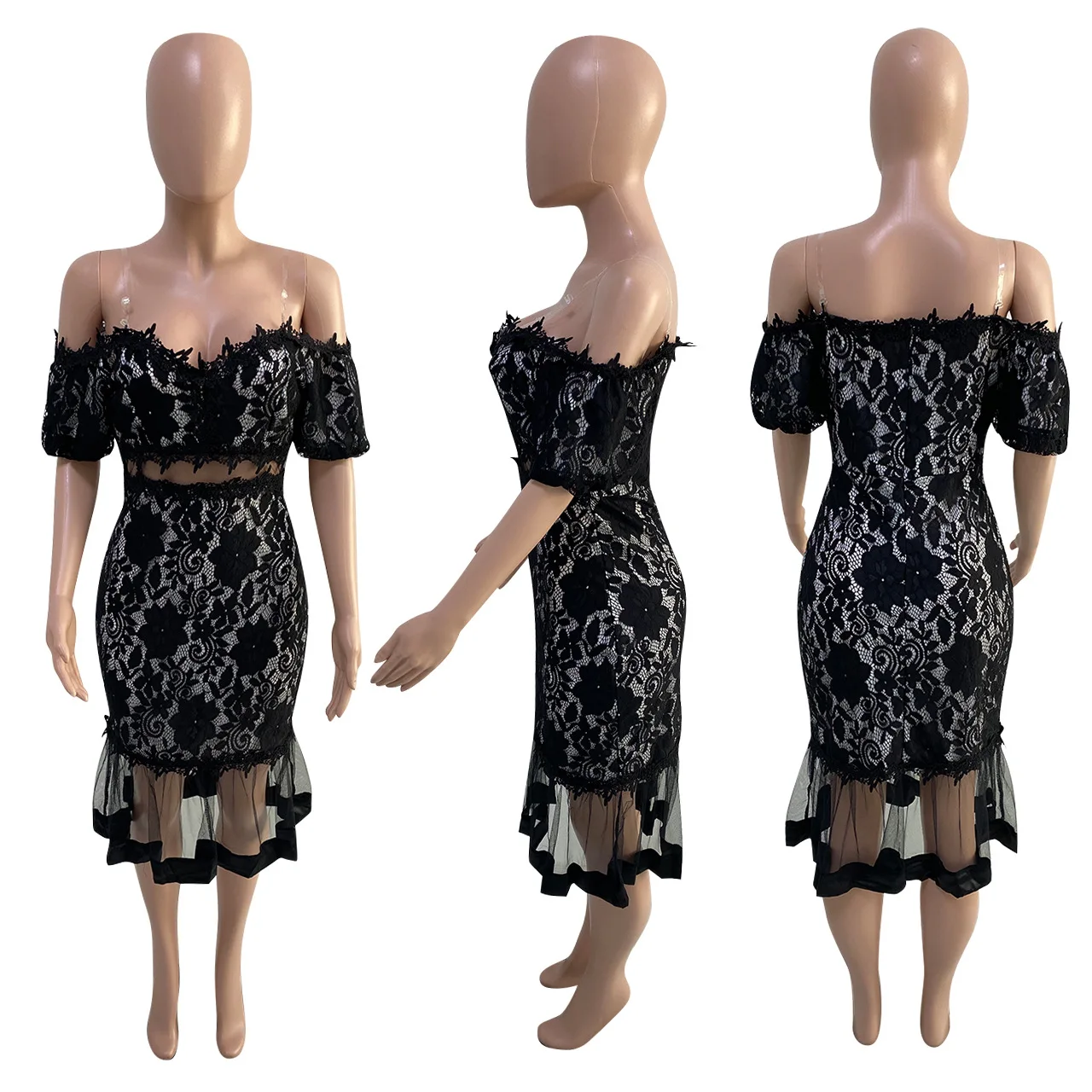 

2021 summer new sexy solid color lace dress fashion slim party strapless short-sleeved ladies shirt mid-length skirt