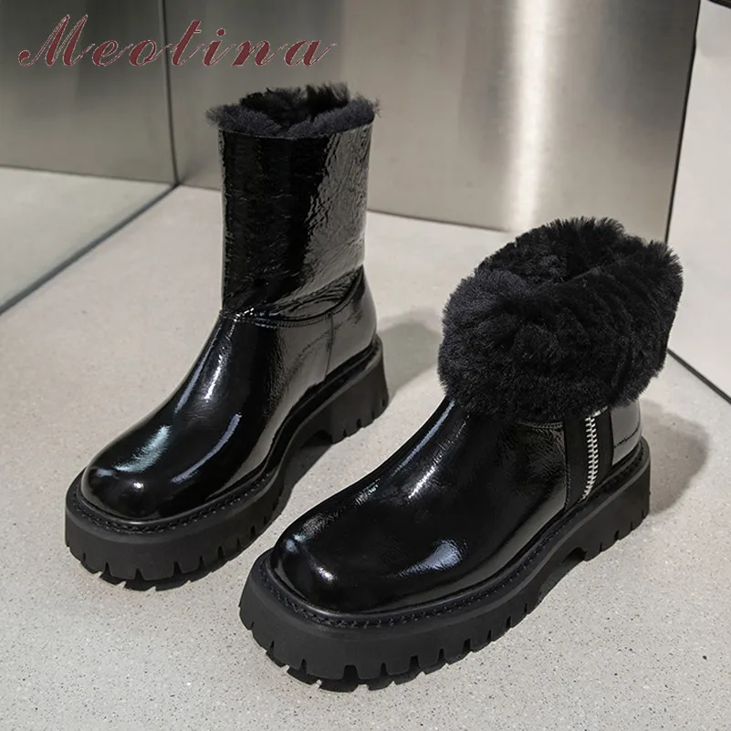 

Meotina Platform Med Heel Snow Boots Woman Genuine Leather Ankle Boots Thick Heel Short Boots Zip Female Shoes Winter Warm Black