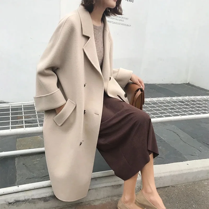 

Fdfklak Black/Apricot Wool Coat Autumn Winter Jacket Women Fashion Woolen Coat Female Korean Long Jackets Femme large M-4XL