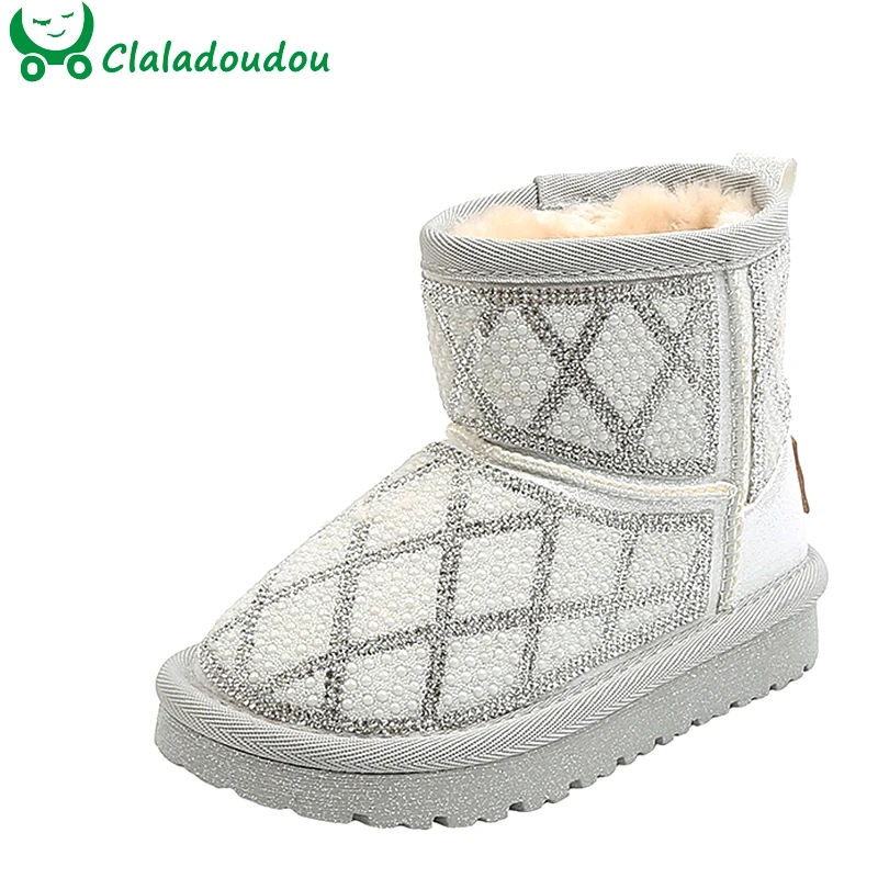 

13.5-18.5 Kids Girls Snow Boots With Bling Bling Rhinestone Pearls Fashion Ankle Boots Toddler Baby Slip-on Silver Winter Shoes