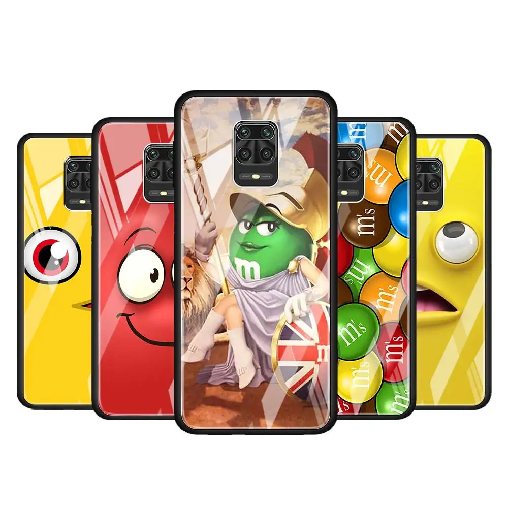 

Cute M&M Chocolate for Xiaomi Redmi Note 10 Pro Max 10S 9T 9S 9 8T 8 7 Pro 5G Luxury Tempered Glass Phone Case Cover