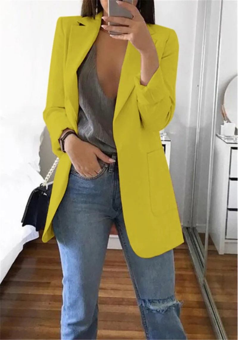 Yellow Fanbety, зима, осень, Женский Повседневный костюм, пальто, бизнес стиль, длинный рукав, куртка, верхняя одежда для офиса, для девушек, модное, размера плюс, приталенное пальто - Цвет: Yellow