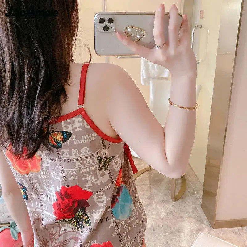 Pajamas Women Summer Cotton Sexy Sling Kimono Shorts Two-Piece Korean Sweet Cute Pjamas Casual Sleepwear Home Clothes