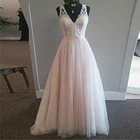 2021 простые розовые тюлевые трапециевидные пляжные свадебные платья в стиле бохо с V-образным вырезом
