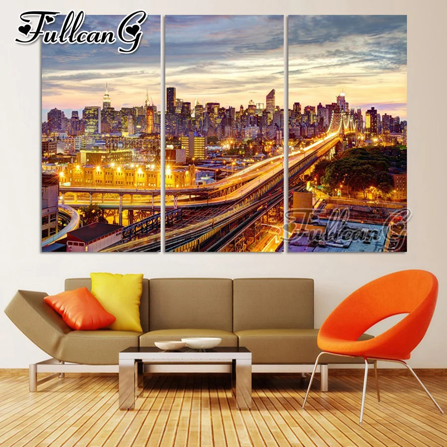 

FULLCANG bustling city night scenery large triptych diy diamond painting mosaic embroidery sale full square round drill FC3472