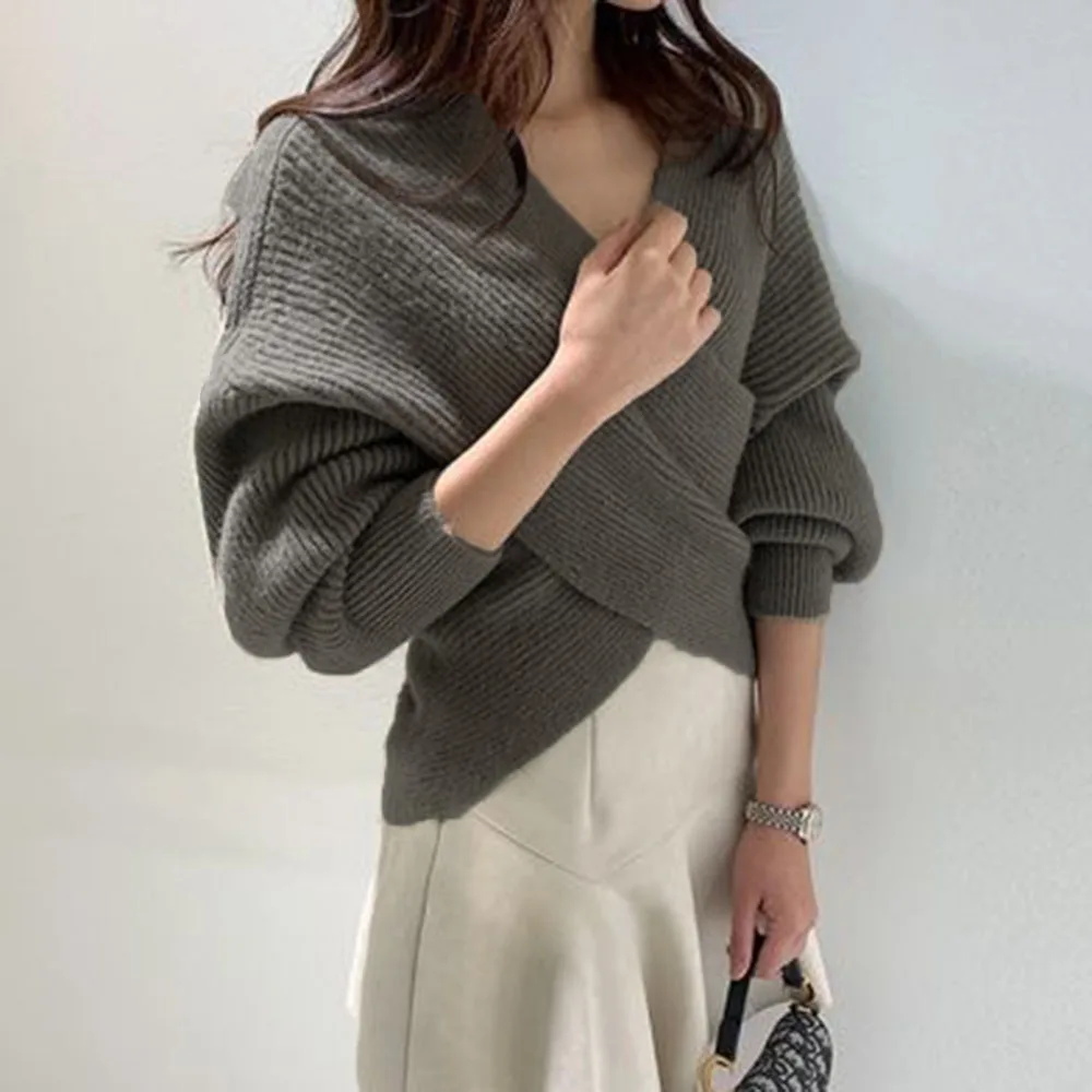 V Neck Twisted Back Sweater Women Korean Elegant OL Chic Knitted Pullovers Casual Tops Long Sleeve Solid Loose Jumper pull femm | Женская