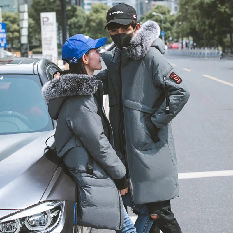 Couple Down Jacket Male Long Winter Loose Thickened White Duck Coat Men and Women's Detachable Fox Fur Collar | Мужская одежда