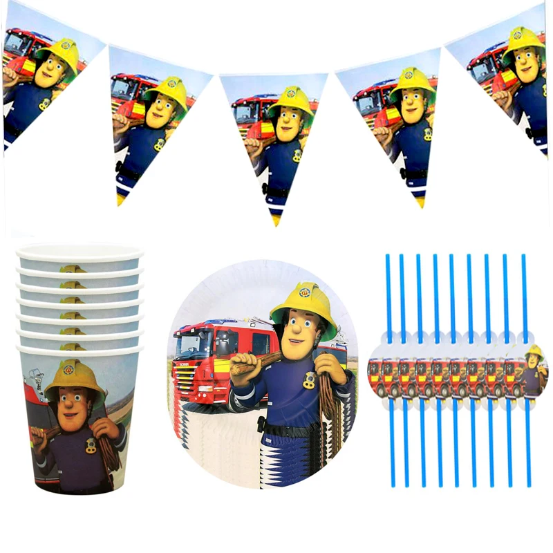 

40pcs/lot Fireman Theme Straws Happy Birthday Party Glass Plates Cups Banner Decorate Kids Boys Favors Dishes Bunting Glass