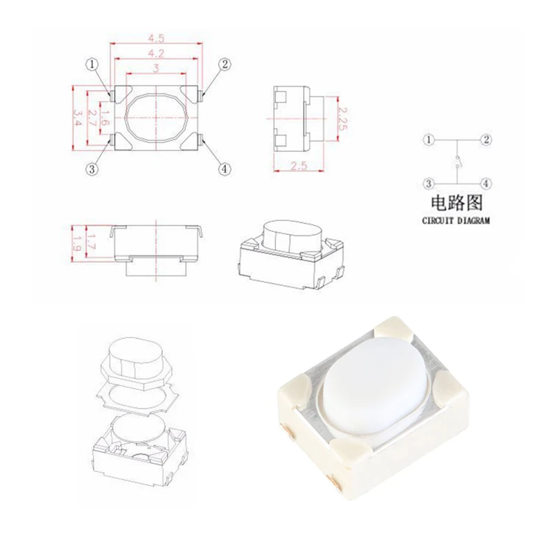 50 шт./лот 3*4*2 5 SMD сенсорная кнопка автомобильный пульт дистанционного управления
