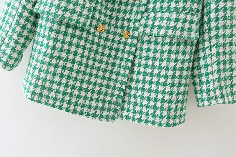 

TMODA1781 Za 2021 Autumn Winter Women Green Houndstooth Double Breasted Blazer Retro Long Sleeve Pocket Ladies Office Jacket Top