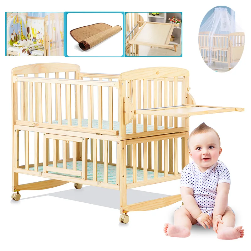 Beedome Pine Baby Crib With Shelf, Can Extend To 1.4Meter Kids Bed, Rocking Cradle Have 4 Wheels