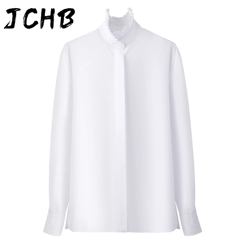 

JCHB 2021 new spring and summer fashion women clothes ruffles pleated collar single breasted white shirt female blouse WP13700L