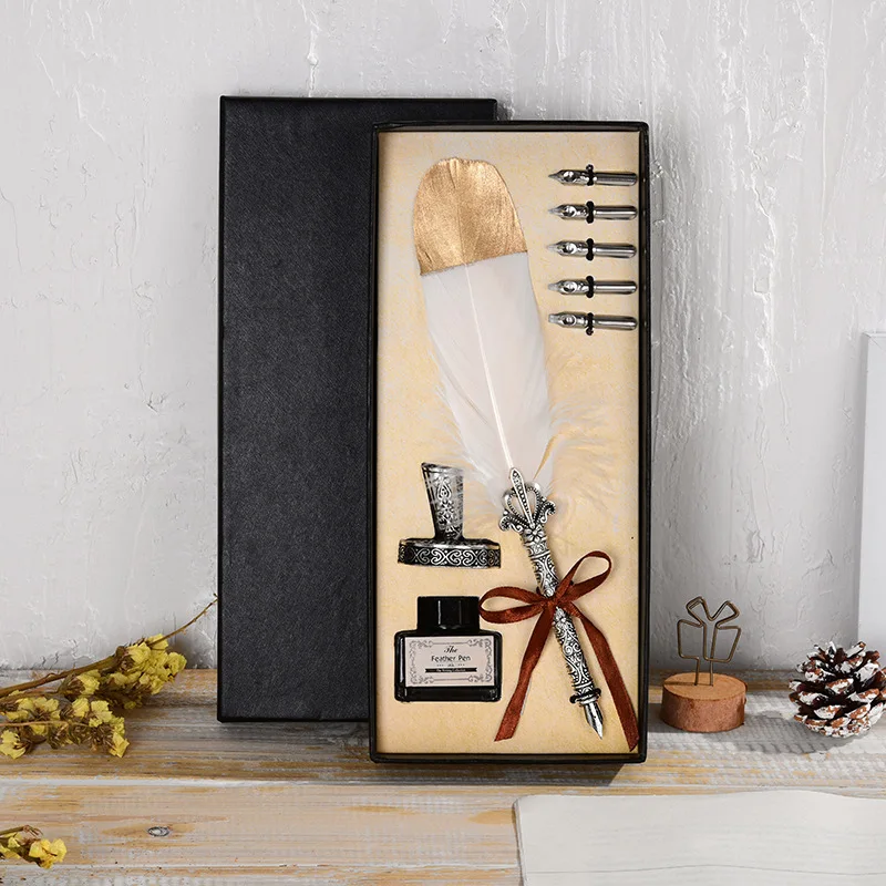 

1Set New Calligraphy Feather Dip with 5 Nib Gift Quill Pen Writing Ink Set Gift Box Wedding Fountain Pen Design