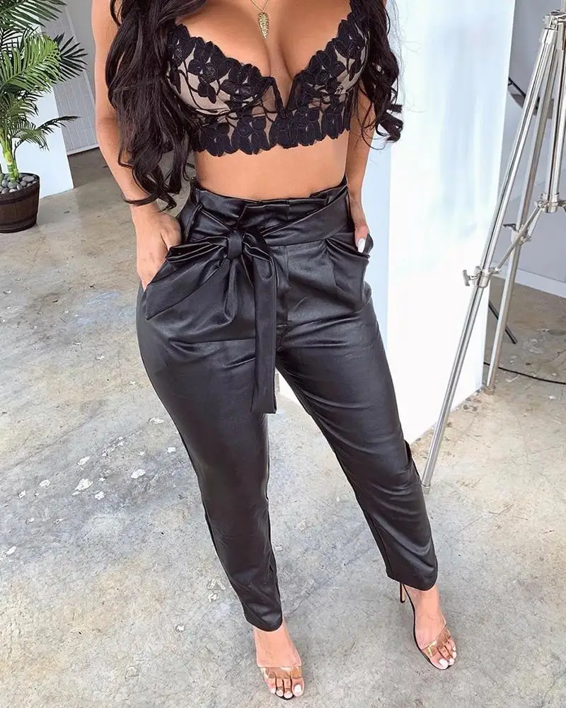 Черные леггинсы из искусственной кожи с карманами женские брюки карандаш