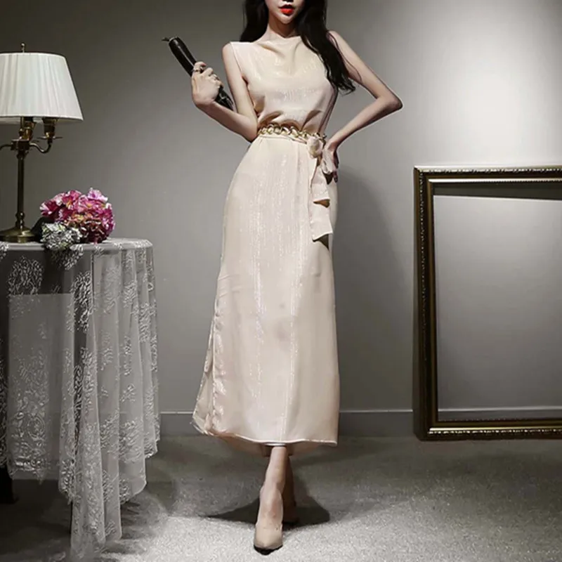 

Женское офисное платье на шнуровке, повседневное длинное платье с разрезом и круглым вырезом, в Корейском стиле, лето 2021