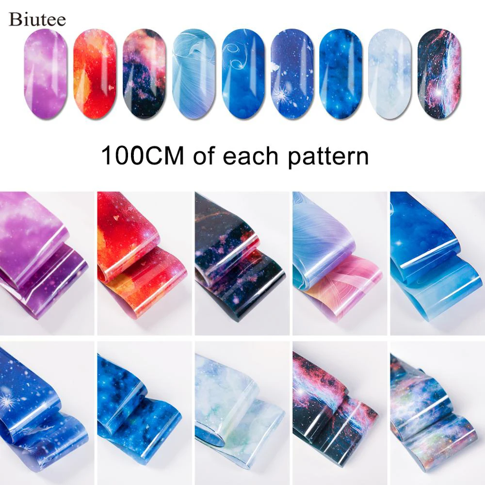 Biutee 4*100 см 10 красочных фольг для ногтей Микс Цветок стикер дизайна