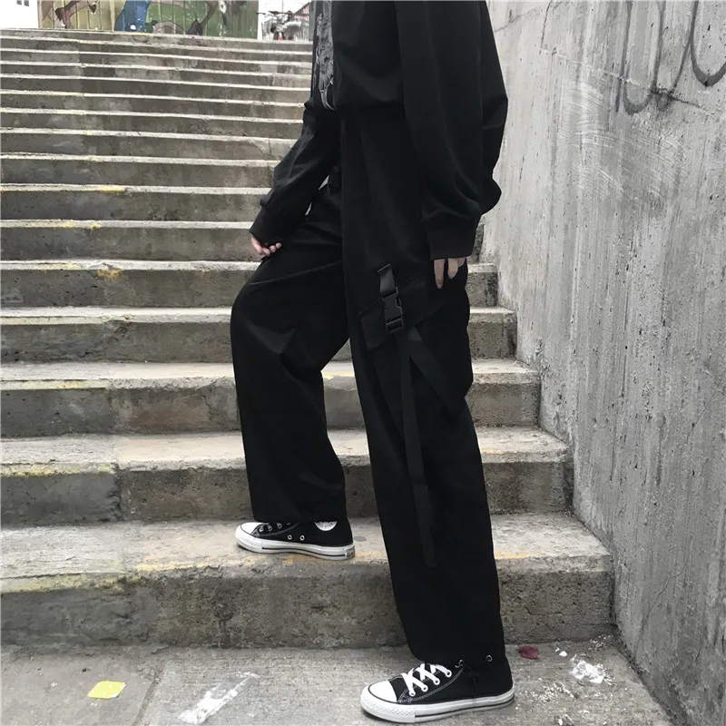 

black Hip Hop Cargo Wide Leg Pants Korean Ins Harajuku Style Straight High Trousers Women Fashion Loose Long Capris Hipster New