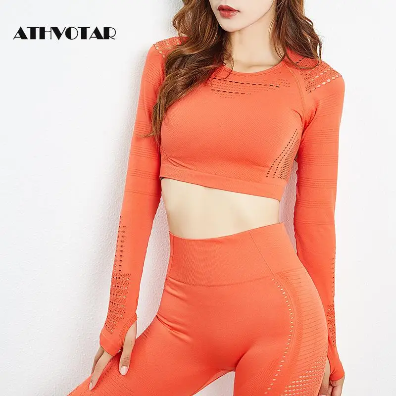 Женский бесшовный укороченный топ ATHVOTAR Спортивная футболка с длинным рукавом