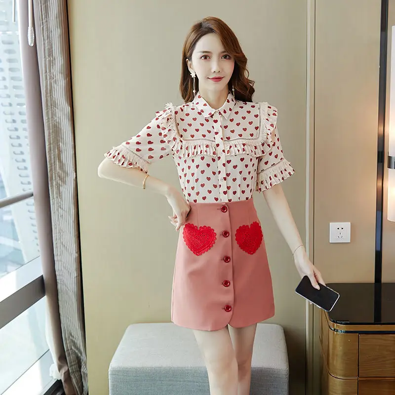 

2021 New Summer Women Office Two Piece Set Fashion Casual Chiffon Blouses and Mini Skirt Female Business Skirt Suit Sets Q110