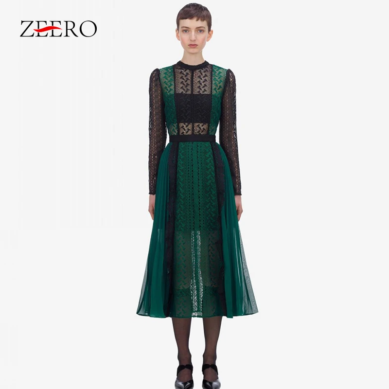 Женское кружевное платье миди с длинным рукавом зеленое средней длины осень