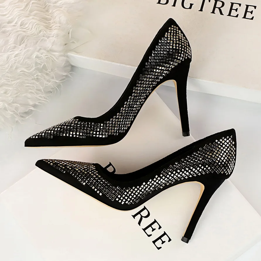 

Women Elegant Crystal womens shoes sexy thin shoes super high suede shallow mouth pointed single shoe Suede sequined pumps