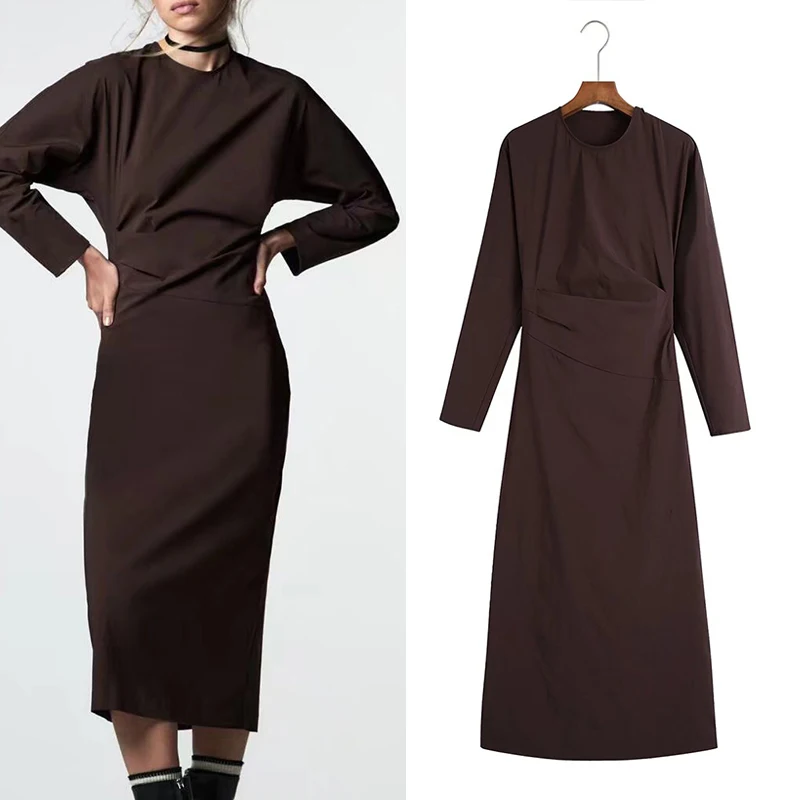 

Женское винтажное плиссированное платье KUMSVAG, однотонное элегантное платье до колена с длинным рукавом и круглым вырезом, осень 2021