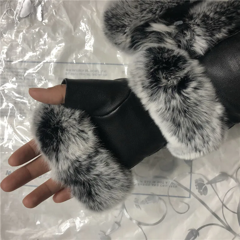 Зимние Модные черные перчатки из натуральной кожи с полупальцами овечья кожа