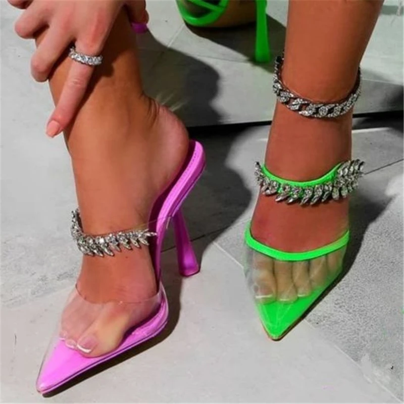 

Fashion Transparent Slippers Women Summer Plus Size 35-42 High Heels Lady Candy Color Luxury Rhinestone Pointed Toe Stilettos