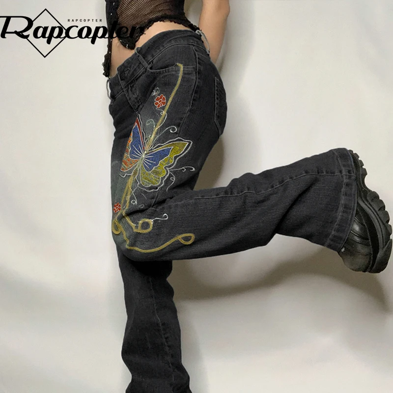 

Rapcopter y2k Black Butterfly Embroidery Jeans Vintage Grunge Fairycore Cargo Pants Hot Distressed Mom Jeans Women Trousers 90s
