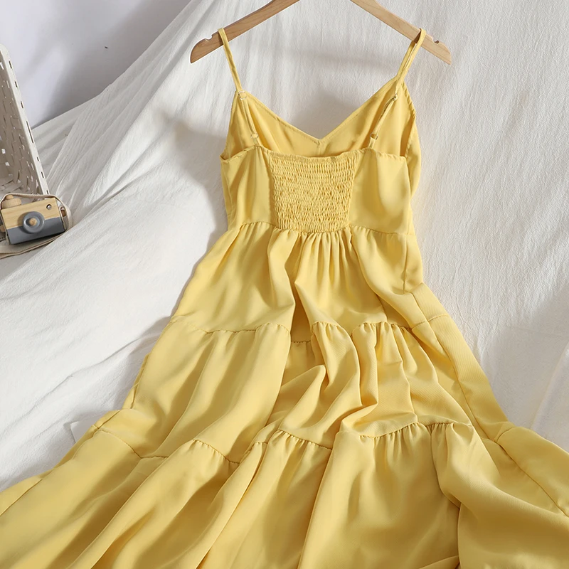 

YIZZHOY Summer New Arrival Women Sexy Solid Spaghetti Dress Ladies Elegant Ruffles Sleeveless Chiffon Long Dress