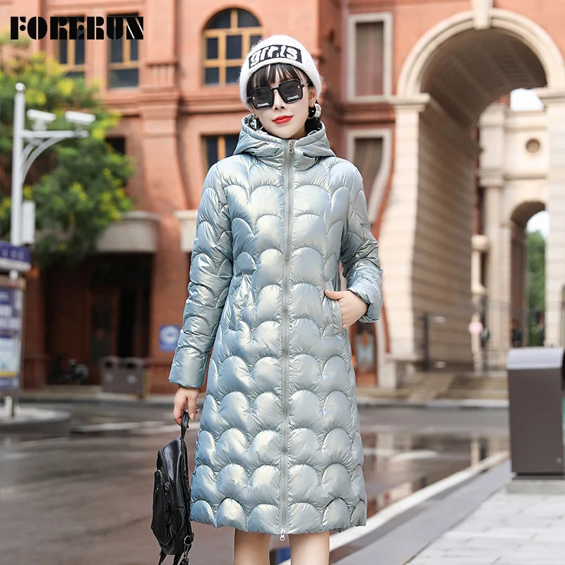 

FORERUN длинная куртка женская зимняя однотонная глянцевая средней длины с капюшоном тонкая элегантная корейская модная хлопковая стеганая к...