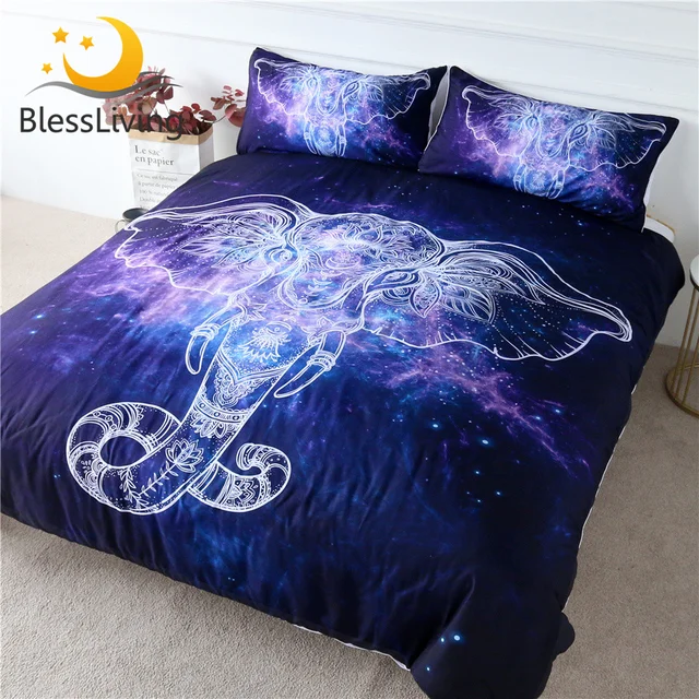 BlessLiving Elephant Bedding Set Galaxy Nebula Blue Quilt Cover Ethnic God Duvet Cover Boho Mandala Bed Set King Dropship 1