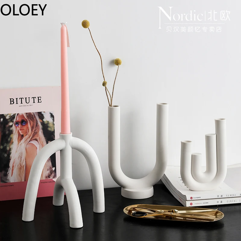 

Nordic Creative Ceramic Candlestick White Candle Holders Modern Living Room Candle Stand Tall Ornament Centros Candelabra
