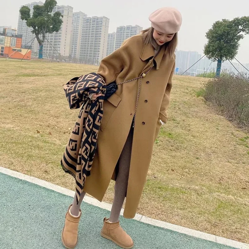 

Double sided cashmere coat women's medium and long autumn and winter 2021 new double breasted loose large pocket wool tweed coat