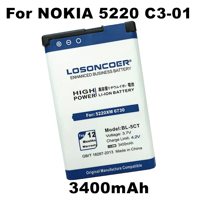 LOSONCOER 3400mAh BL-5CT BL5CT For Nokia 5220XM 6730 C6-01 C3-01 6303C 5220 C5 6330 6303i C5-00 phone Battery+Quick Arrive | Мобильные