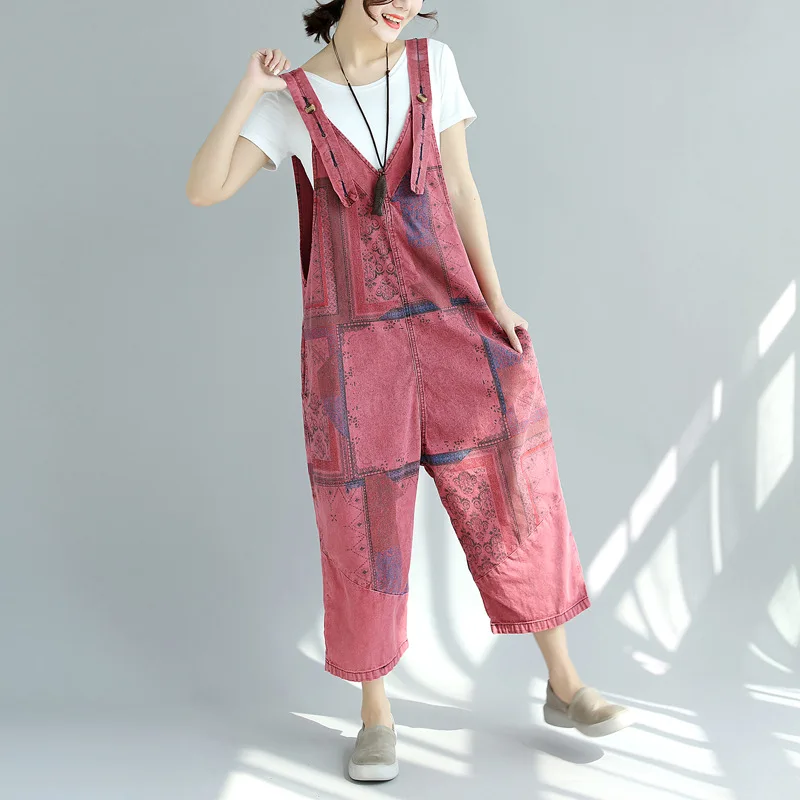 Women's Casual Jeans Overalls Oversized Loose Print Denim Cross-pants Ankle Length Jumpsuits images - 6