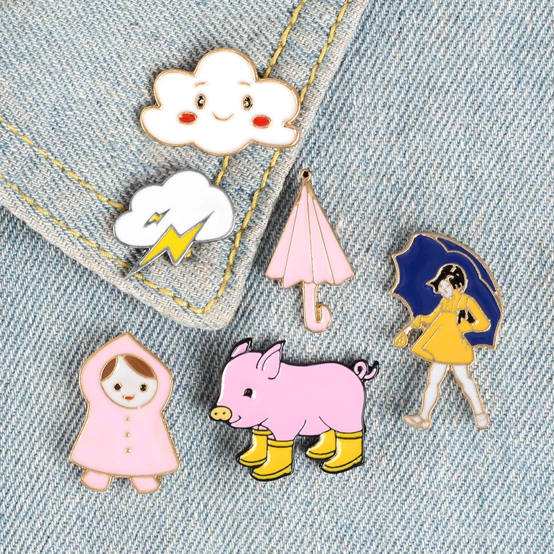 Walking in the Rain Enamel Pins Clouds Girl Umbrella Rainboots Badge Custom Brooch Bag Clothes Lapel Pin Funny Animal Jewelry