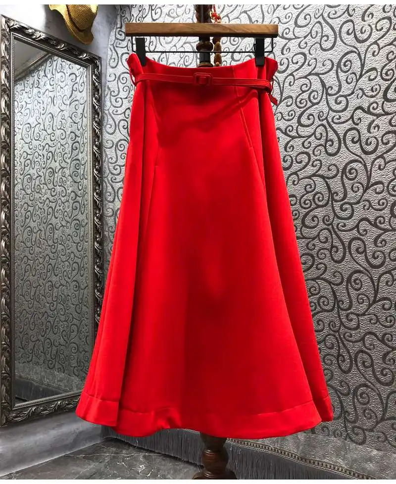 New 2022 Spring Fashion Black Red Maxi Skirts High Quality Women Belt Deco Pocket Patchwork Elegant Party Club Skirts Clothing