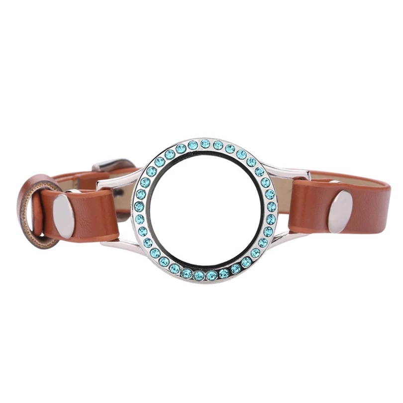 

5pcs/lot 30mm Different color crystals Locket 23cm Brown Single Wrap PU Leather Locket Bracelets Wristband With 50pcs Charms
