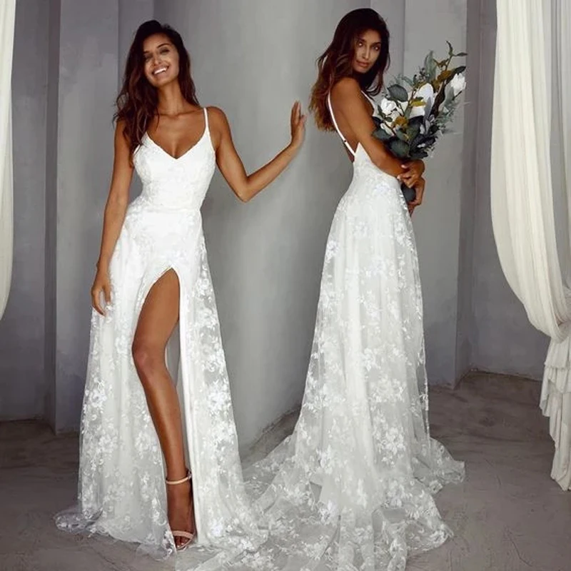ChuYu 2021 Beach Slit V Neck  Vestido De Novia New Lace Sexy Spaghetti Straps Long A-line Wedding Dress Formal Occasion