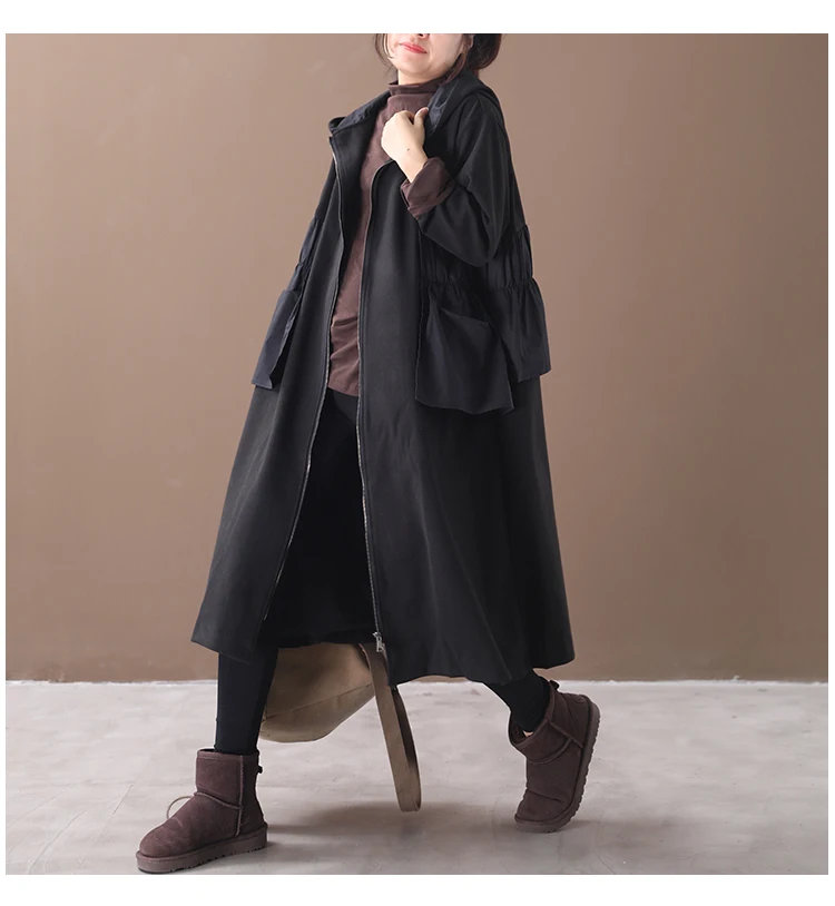 female new autumn and winter plus size korean style outerwear literary ruffled stitching hooded with velvet loose trench