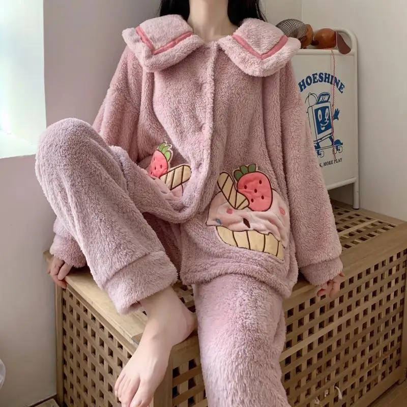 

Autumn Winter Women's Lolita Princess Pajamas Set Sweet Cute Cartoon Strawberry Cake Sleepwear Girly Warm Pink Lounge Pyjamas