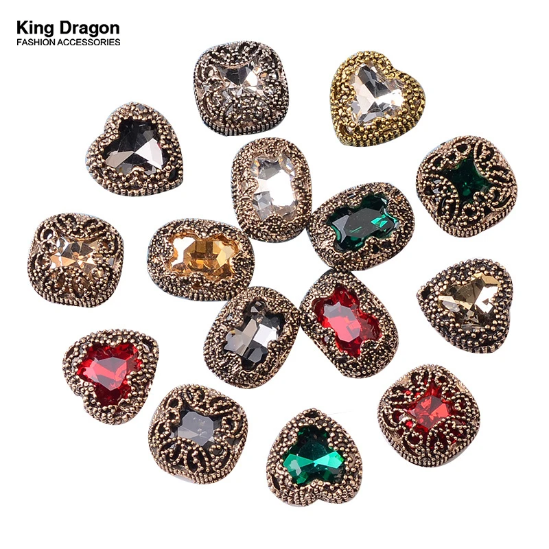 King Dragon Glass Antique Rhinestone Heart Embellishment Button Used On Decoration 15MM 5PCS/Lot Flat Back Antique Gold Color