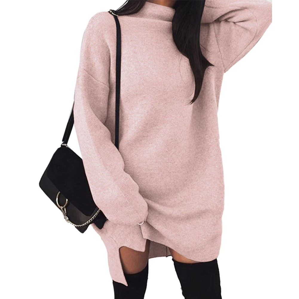 Winter Women Solid Color Loose Turtleneck Long Sleeve Warm Knitted Sweater Dress high neck loose knit split dress sweater | Женская