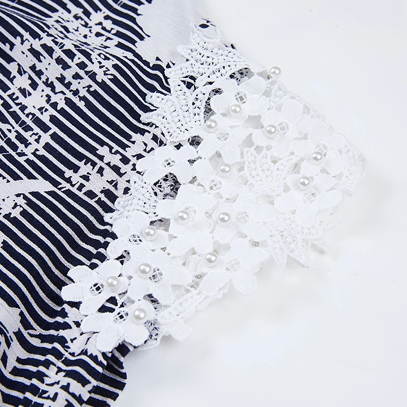 Женское Хлопковое платье в полоску с цветочным принтом и круглым вырезом|Женские