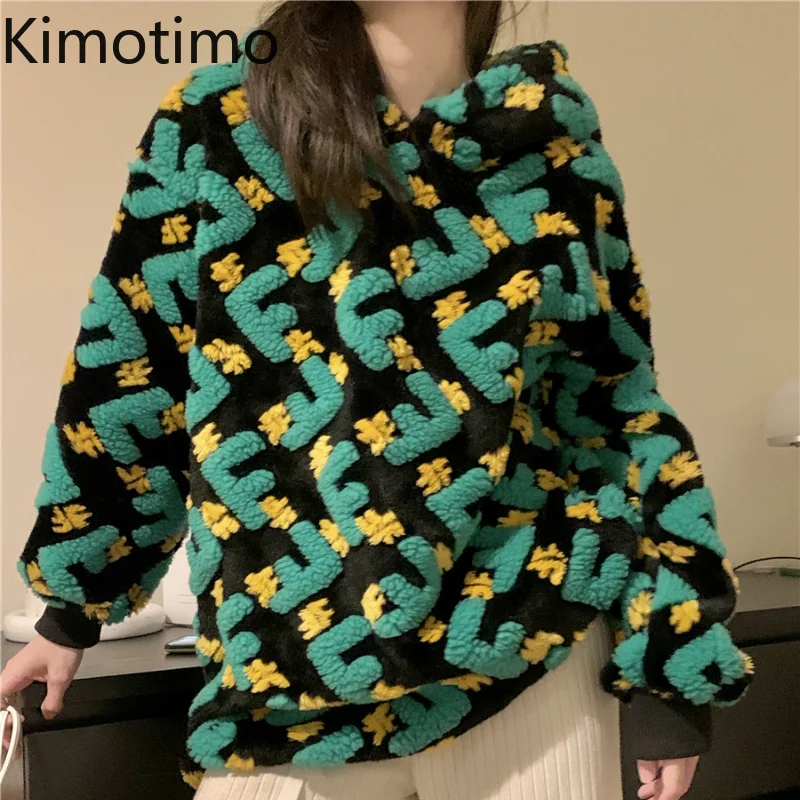 

Свитшот Kimotimo женский из овечьей шерсти, с капюшоном и надписью, Осень-зима 2021, Свободный пуловер с длинным рукавом в Корейском стиле