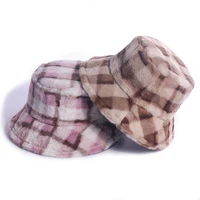 celebrity autumn winter thicken rabbit fur fisherman windproof casual plaid print multi color fashion outing panama bucket hats